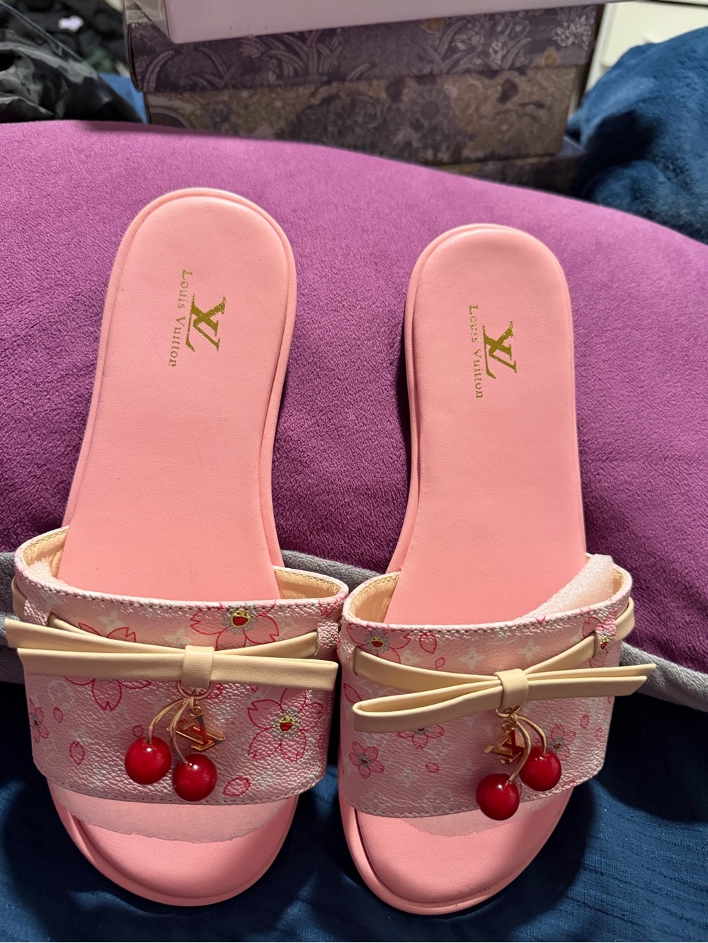 Pink Floral Cherry Charm Slide Sandals